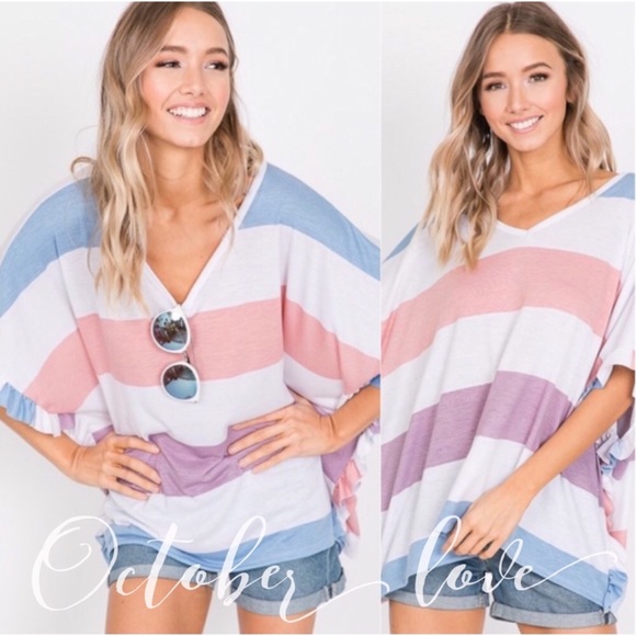 October Love Tops - LAST ONE Pastel Color Striped Top with Ruffle Trim